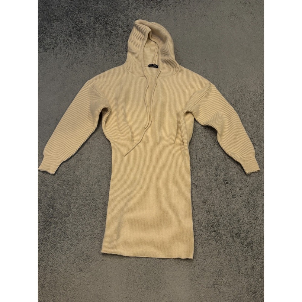 Pretty Garden Sweater Dress Womens Medium Cream Hooded Bodycon Ribbed Knit Ivory